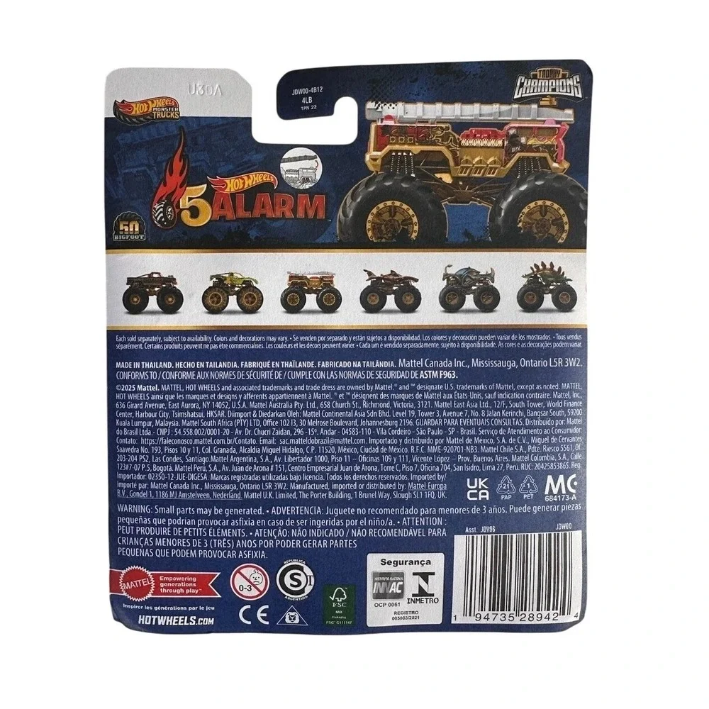 Hot Wheels JDW00 Monster Trucks Bigfoot Trophy Champions 5 Alarm Diecast Vehicle